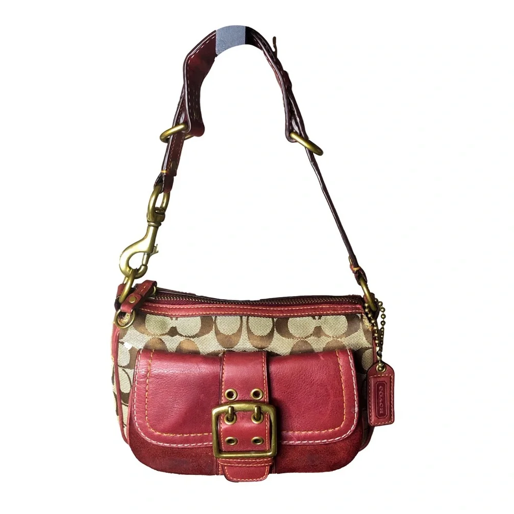 COACH Jacquard Signature C Special Edition 2004 Tan and Red Mini Shoulder Bag